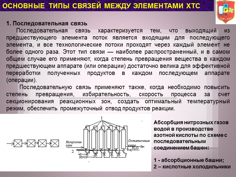 ОСНОВНЫЕ ТИПЫ СВЯЗЕЙ МЕЖДУ ЭЛЕМЕНТАМИ ХТС 1. Последовательная связь ОСНОВНЫЕ ТИПЫ СВЯЗЕЙ МЕЖДУ ЭЛЕМЕНТАМИ ХТС 1. Последовательная связь